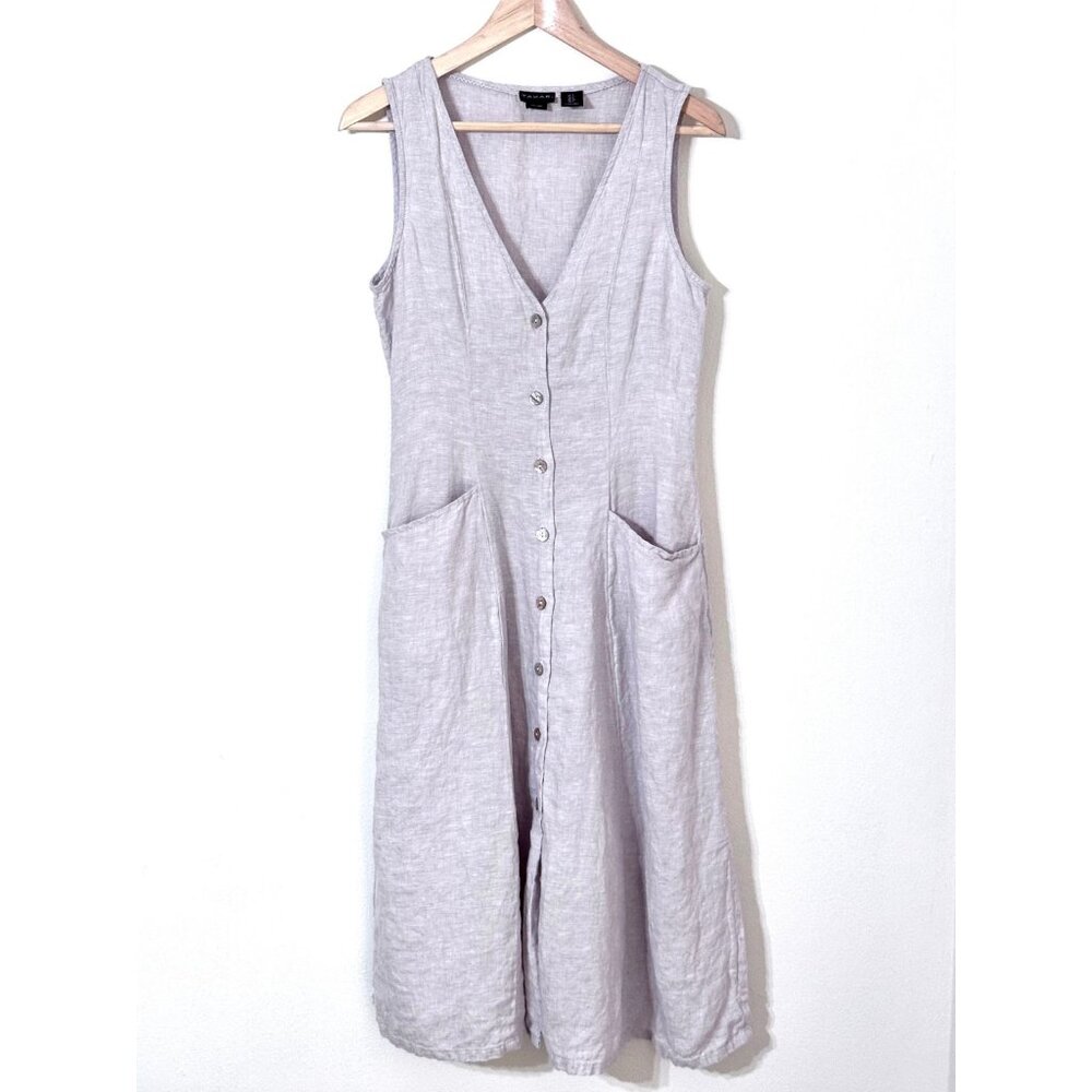 Tahari 100% Linen Button Front Dress Sleeveless V-Neck Lagenlook Coastal Relaxed